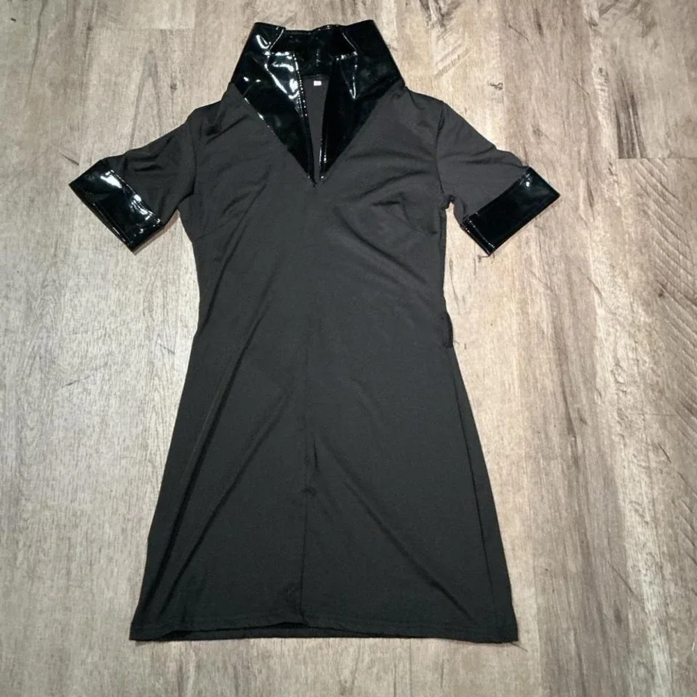 Black Mini Dress Sequin Collar Cuffs Size S Short Sleeve Going Out - Picture 2 of 5